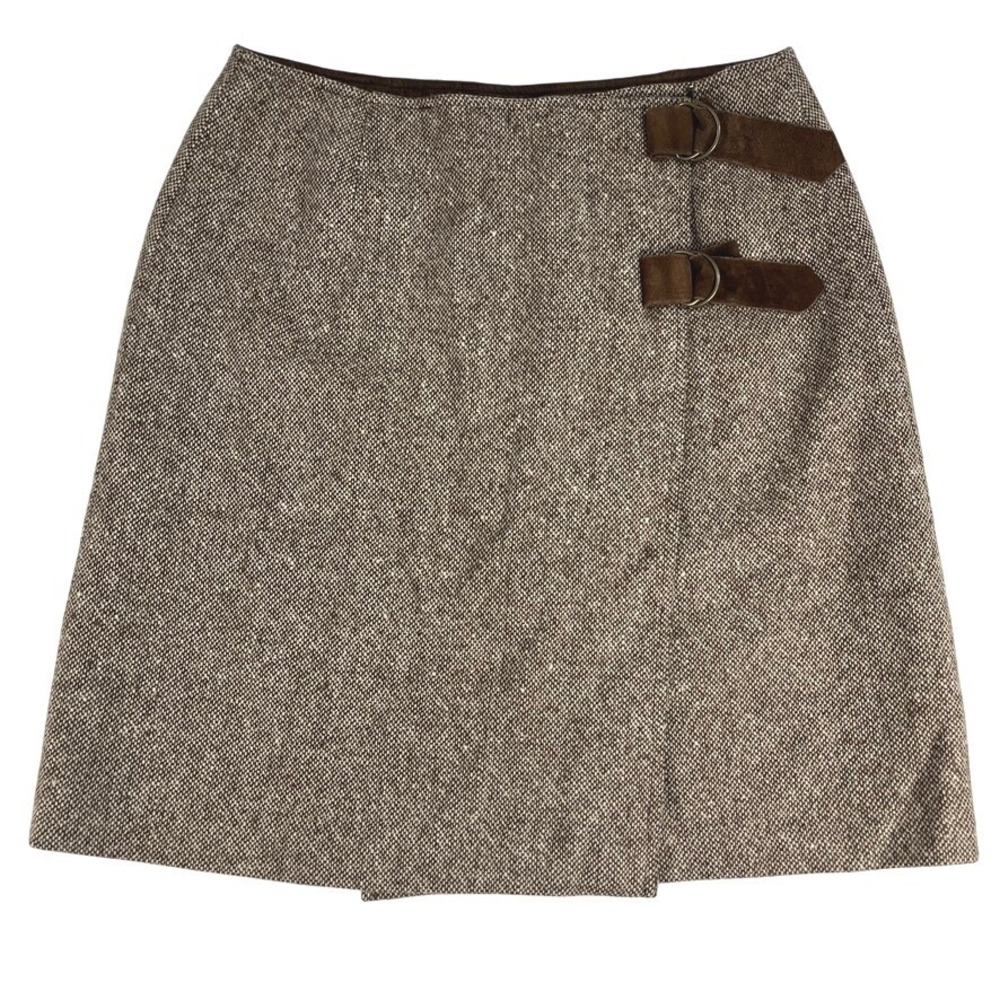 DKNY Wool Wrap Skirt Womens 10 Brown Tweed Suede Buckle Kilt Mini Y2K